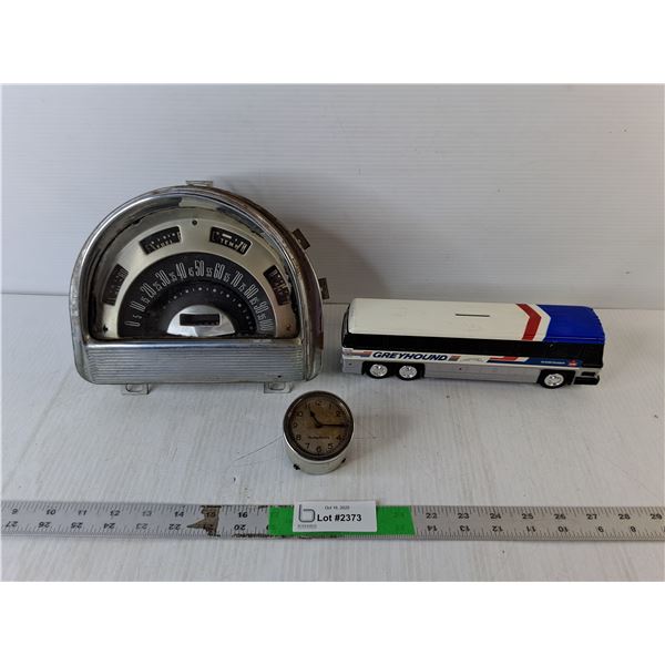 Greyhound Bus Coinbank 9.75", Sterling Clock & Vintage Speedometer