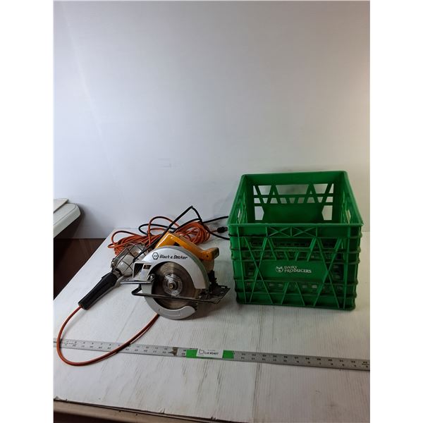 Trouble Light, Black & Decker Circular Saw- Both Power On, Milk Crate 13" x 11", Cannot Ship