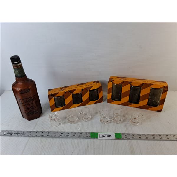 Lamb's Rum Bottle & Rocks/Shot Glasses