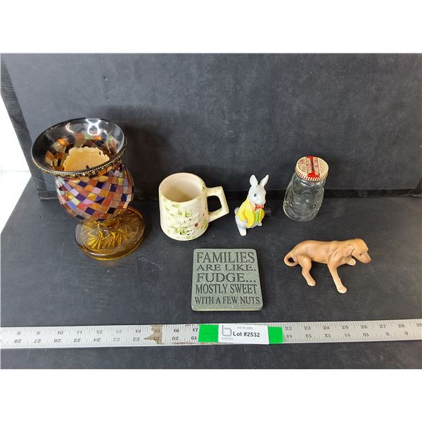 Glass Candelholder, Ceramic 'Dad' Mug, Misc.