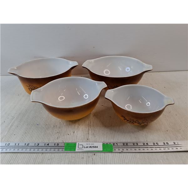 (4)  1974 - 1978 PYREX Old Orchard Milk Glass Cinderella Bowl Set and Casserole Dish