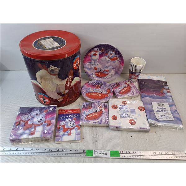 Coca Cola Tin Box, Invitation Cards, Paper Cups, Plastic Tablecover, Plates, Napkins
