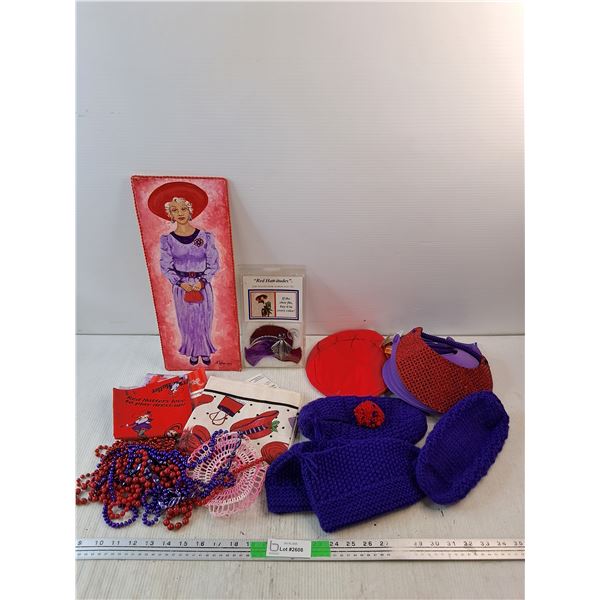 Novelty Visors, Red Hatt-itudes, Doily, Necklaces, Misc
