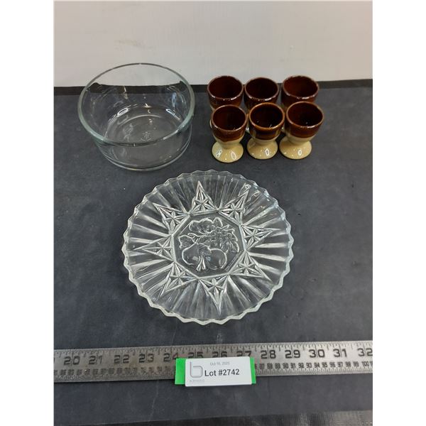 Set of 6 Ceramic Egg Cups, Anchor Hocking Bowl, Vintage Plate