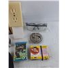 Image 3 : Hidden Wall Safe, Dollar Sign Belt Bucket, Various Hockey Cards, Safety Goggles, Misc