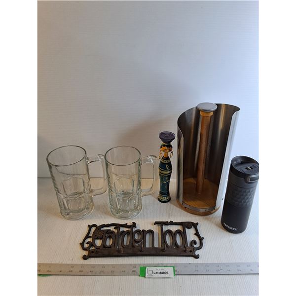 Iron Garden Tool Hanger (13" Wide)/ Paper Towel Holder/ Beer Mugs (2)/ Misc.