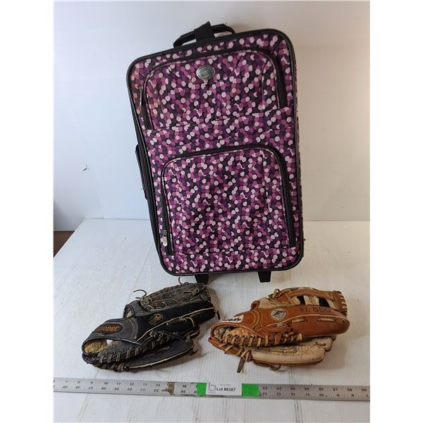 Rolling Suitcase 22" Tall- Missing Wheel & (2) Adult Baseball Gloves