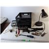 Image 1 : Milk Crate 13" x 11", Desk Lamp- Powers On/As Is, Car Jack, Misc. Cannot Ship
