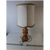 Image 1 : Wooden Lamp with Fabric Shade 26" Tall- No Bulb. Powers On/As Is