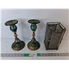 Image 1 : Metal Candleholders & Lantern- As Is Up to 10"