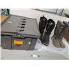 Image 1 : *Plastic Tote with Folding Lid, Men's Winter Boots- 12 & Steel Toe Rubber Boots- Approx. 11.5" Sole,