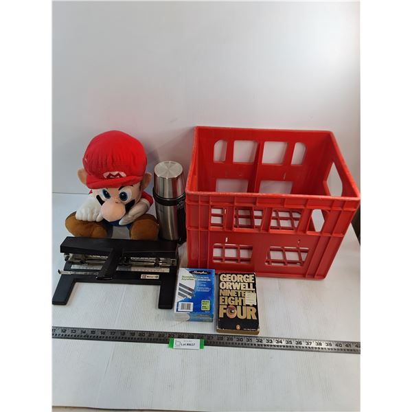 Super Mario Stuffy, Thermos, 3-Hole Punch, Sealed Box Staples, Orwell Novel, Plastic Carton