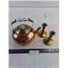 Image 1 : Copper Kettle, Pair of Brass Candle Holders