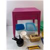 Image 2 : (3) Plastic Kids Stools 12" x 10" x 13", Funnel, Tupperware Container, Measuring Cups, Box Cutter