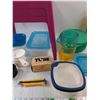Image 3 : (3) Plastic Kids Stools 12" x 10" x 13", Funnel, Tupperware Container, Measuring Cups, Box Cutter