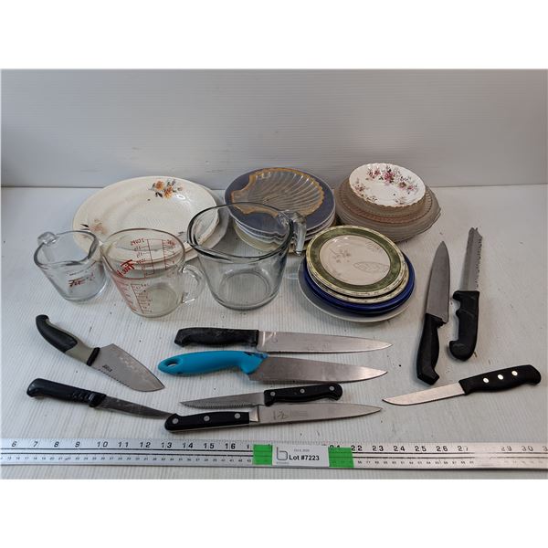 Various Dining Plates, Measuring Cups, Kitchen Knives