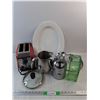 Image 1 : Toaster - As Is, Pot Lids, Metal Pitchers, Ceramic Platter, Green Glass Vase