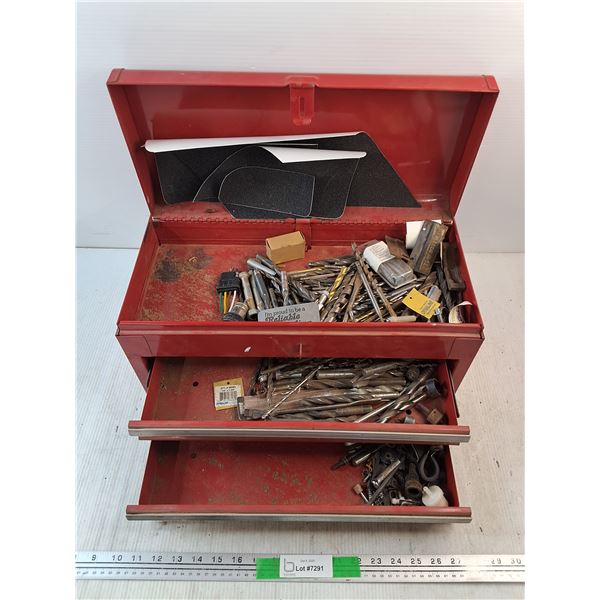 Metal Tool Box 19" x 9" x 9", Drill Bits, Various Hardware - Cannot Ship