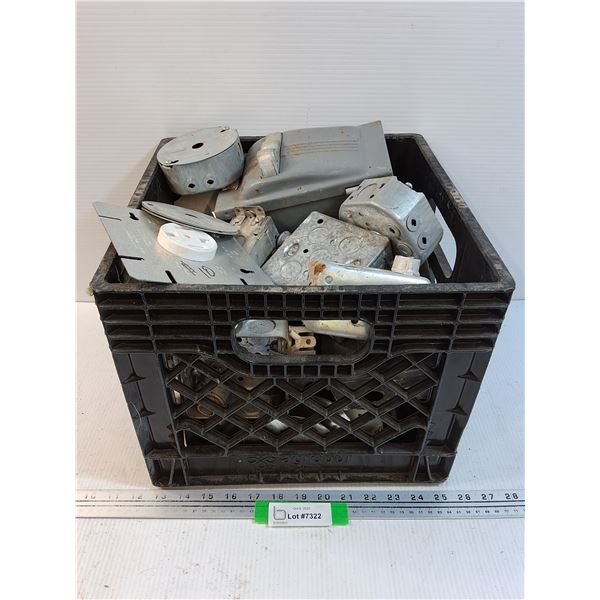 Milk Crate w/Electrical Breaker Boxes, Circuit Boxes, 220Amp Plug, Misc- PICK UP