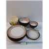 Image 1 : Sango Brand Dishes: (5) Dinner Plates, (5) Bowls, (2) Dessert Bowls & Flower Pot, Glass Cup