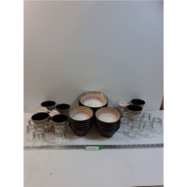 Sango Brand Dishes: (12) Dessert Bowls, (7) Bowls, (9) Mugs & (10) Glasses