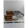 Image 1 : (2) Kokanee Wood Totes, Canadian Club Pump Dispenser, Metal Flower Pot, Metal Watering Can