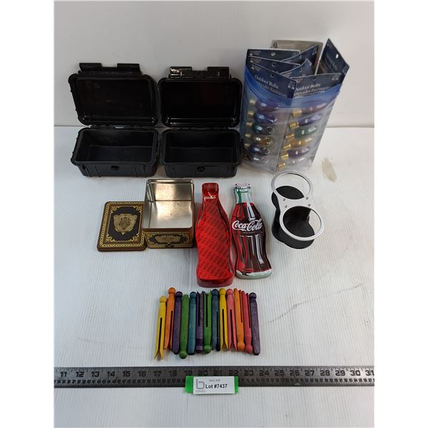 (2) Waterproof Mini Cases, (9) Sealed 6-Packs Outdoor Bulbs, Tins, Dual Drink Holder, Clothes Pins
