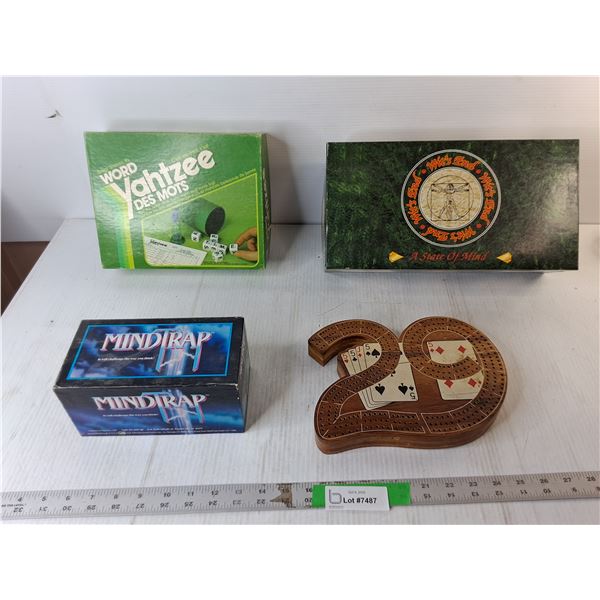 (4) Board Games- Yahtzee, Wit's Ends, Mindtrap, Cribbage