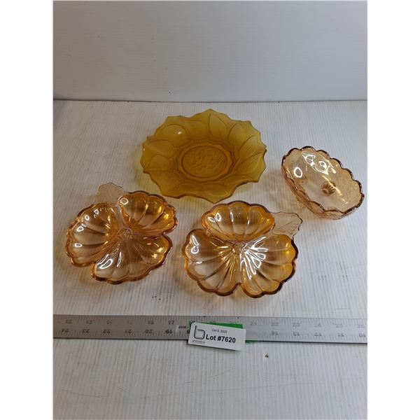 Vintage Jeanette Carnival Glass "Marigold Clover Leaf Candy Dish/ Bagley "Rose Leaf" Plate In Froste