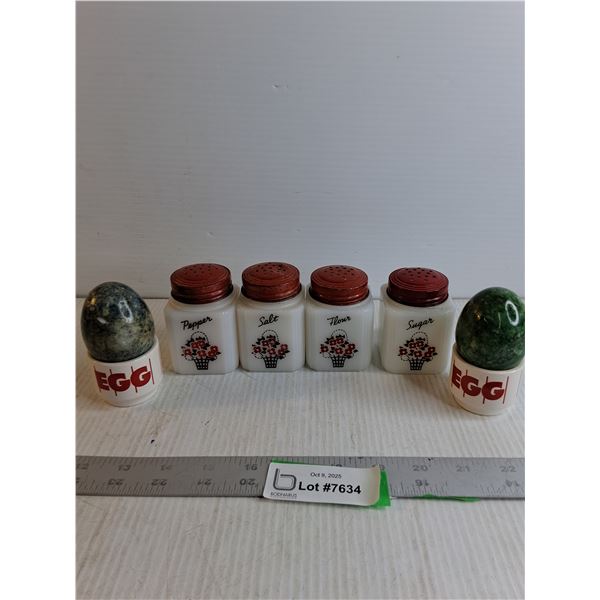 Vintage Milk Glass Shakers/ Resin Eggs & Egg Cups