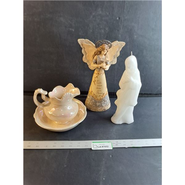Angel Figures 12"/ Vintage Pottery Pitcher And Wash Basin