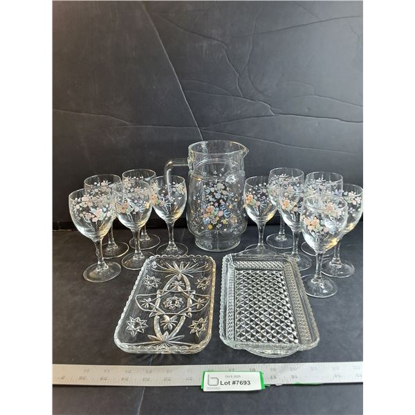"Acropal Victoria Swirl" Wine Glasses And Pitcher/ (2) Platters (8 1/2" Long) - PICK UP