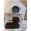 Image 1 : Laundry Basket, Cast Grill, Wok, Sautee Pan, Glass Cassrole Dish w/Lid - PICK UP
