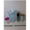 Image 1 : Glass Vase 13.75", (3) Mugs/Water Bottles