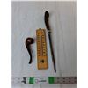 Image 1 : Wooden Outdoor Thermometer, Tobacco Pipe, Knife 13.5"