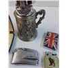 Image 6 : (5) Vintage Lighters: Rosons, Antique Pewter Stein Style w/Knight Motif, British Union Jack Flag