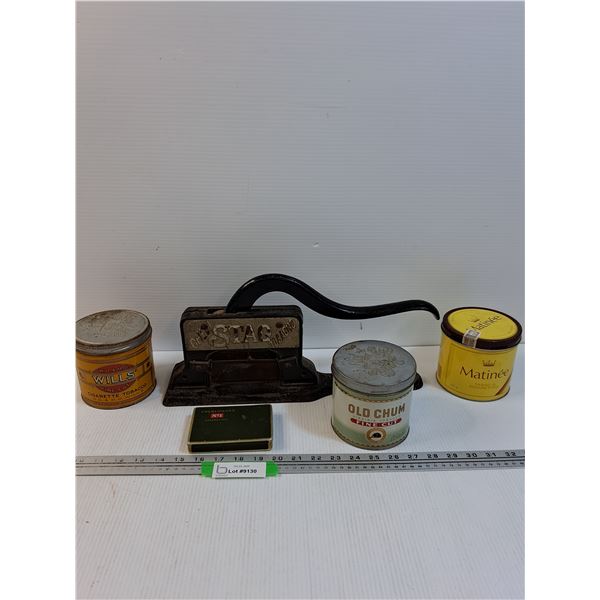 Antique Stag Tobacco Cutter (Cast Iron) & (4) Cigarette and Tobacco Collector Tins