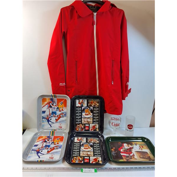 Coca Cola Lot: Ladies Coca Cola Jacket (Medium), (5) Serving Trays: Olympics, Santa, 1982