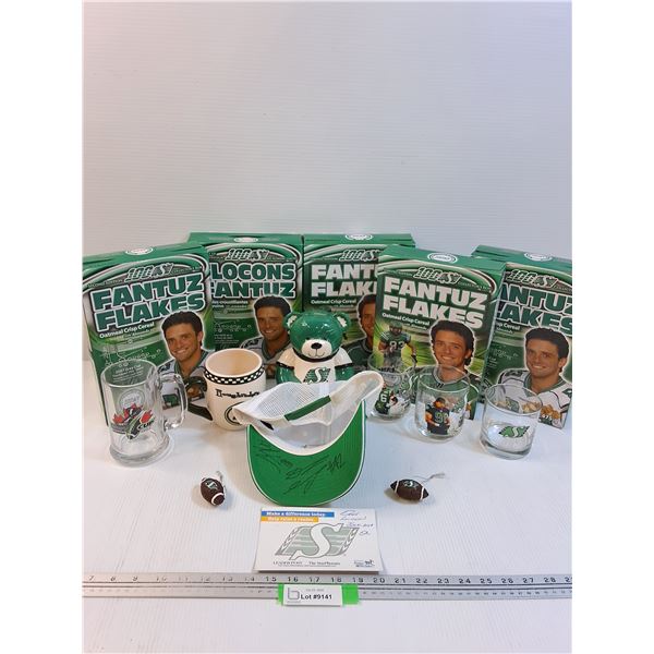 Saskatchewan Roughriders Lot: (5) Fantuz Flakes Cereal (Box Only), Piggy Bank, Glasses, Autographed 