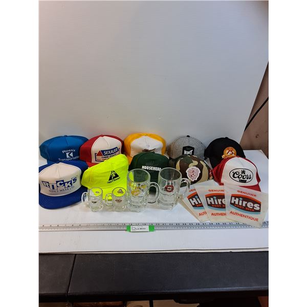 (10) Baseball Hats, (3) A & W Mugs, Frostop Mug, (3) Hires Signs