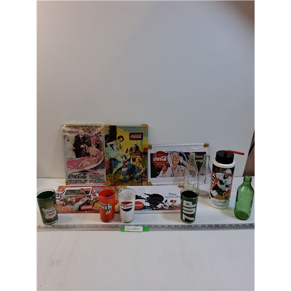 Wayne Gretzky Water Bottle, (6) Coca Cola Metal Signs, Vintage Glass Bottles & (4) Pop Glasses