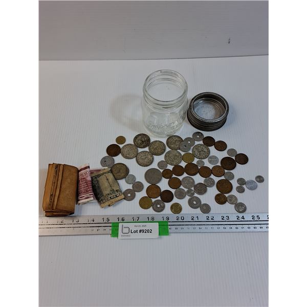 Older Foreign Coins & Paper Bills in Glass Jar - Assorted