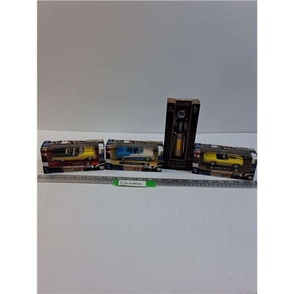 (3) Die Cast Models (1:36 Scale) - Pontiac, Oldsmobile, Chevy & Chevy Gas Pump 1:18 Model Scale