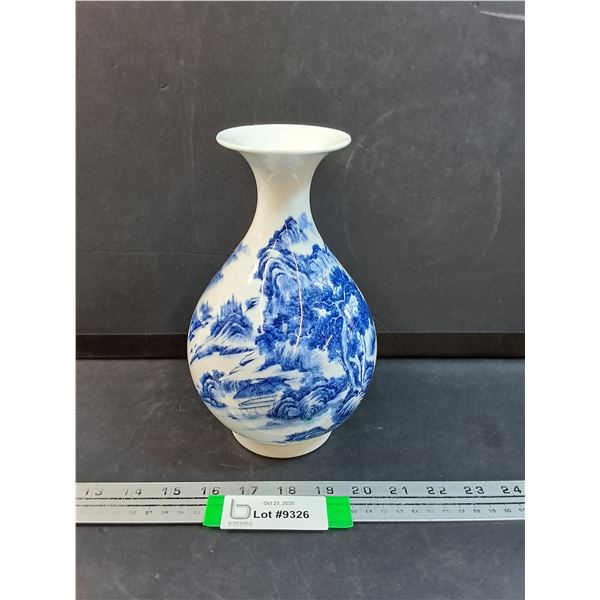Blue Asian Motif Vase - 9" Tall