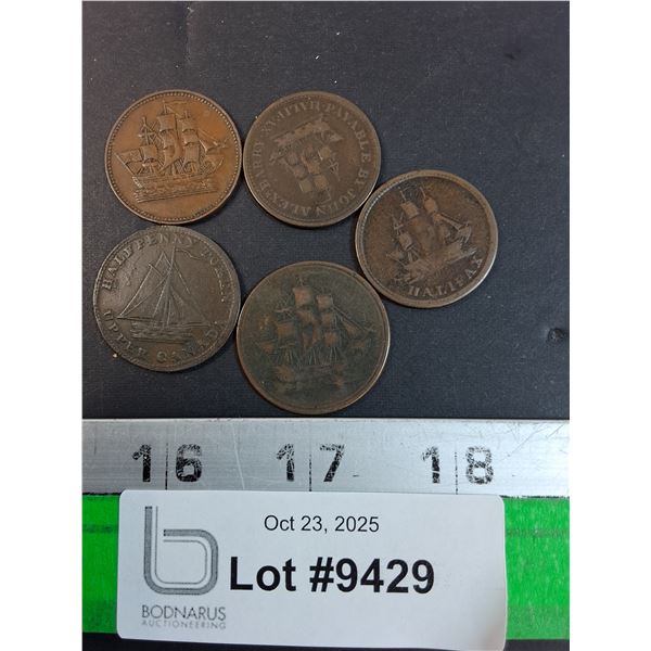 (5) Ships Half Penny Coins