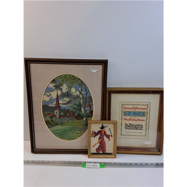 (3) Pictures: (2) Cross Stitched Pictures & Music Association Membership Picture - 19" x 15"