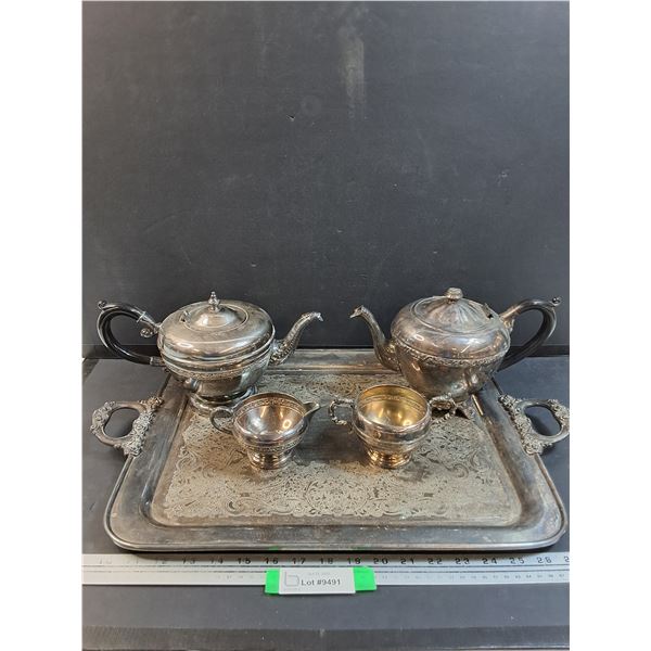 Silver Plated Set: Serving Tray, Tea & Coffee Pots, Cream & Sugar Set