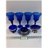 Image 1 : Coblat Blue Glass Lot: (4) Goblets, Cream & Sugar Bowls & Salt Cellar Bowl