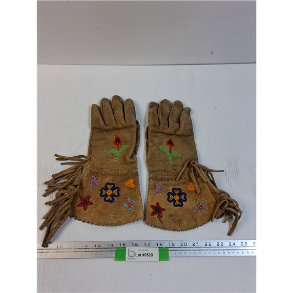 Indigenous Hand Made Leather Gauntlet Beaded Gloves - Women Size Medium