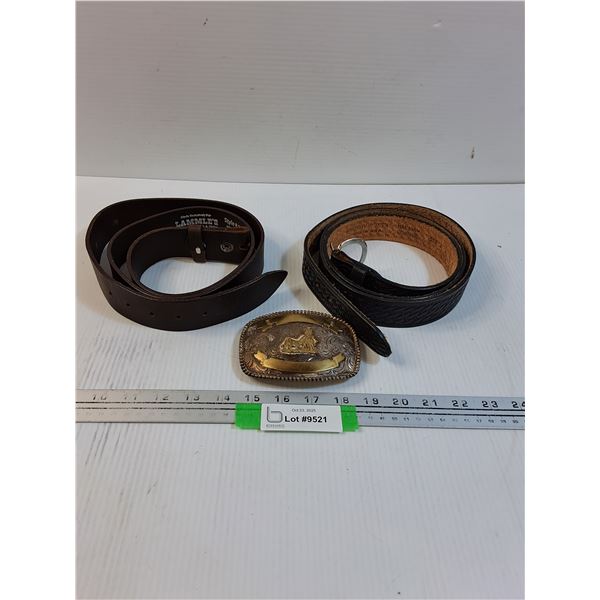 Lammle's & Brushy Green Ladies Leather Belts & Silver Plated Cowboy Belt Buckle - 4.5" x 3.5"